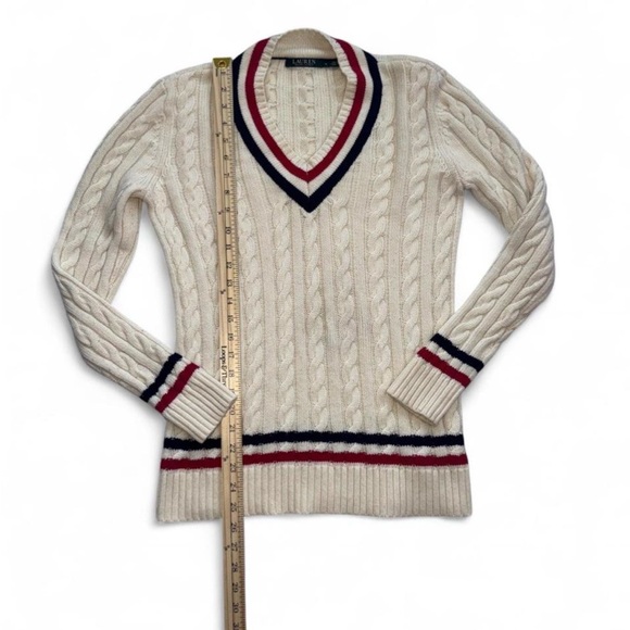 Women’s Lauren Ralph Lauren Cricket Tennis V Neck Pullover Cable Knit Sweater M - Picture 4 of 7